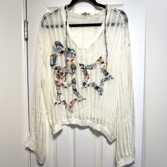 POL Cream V-Neck Sweater with Floral Star Accents - Picture 1 of 12